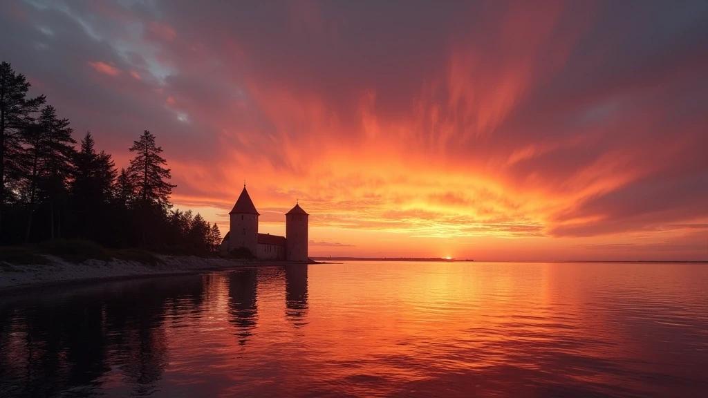 Sonnenuntergang an der Ostseeküste von Tallinn mit historischen Türmen und Kiefernwäldern