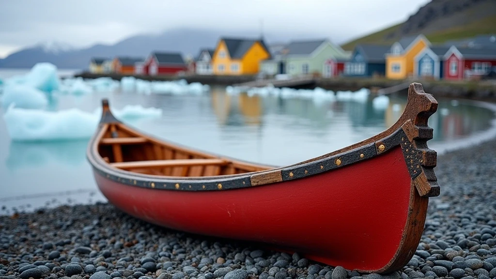 Traditionelles groenlaendisches Kajak am Strand in Tasiilaq, Grönland mit Eisberg-Hintergrund