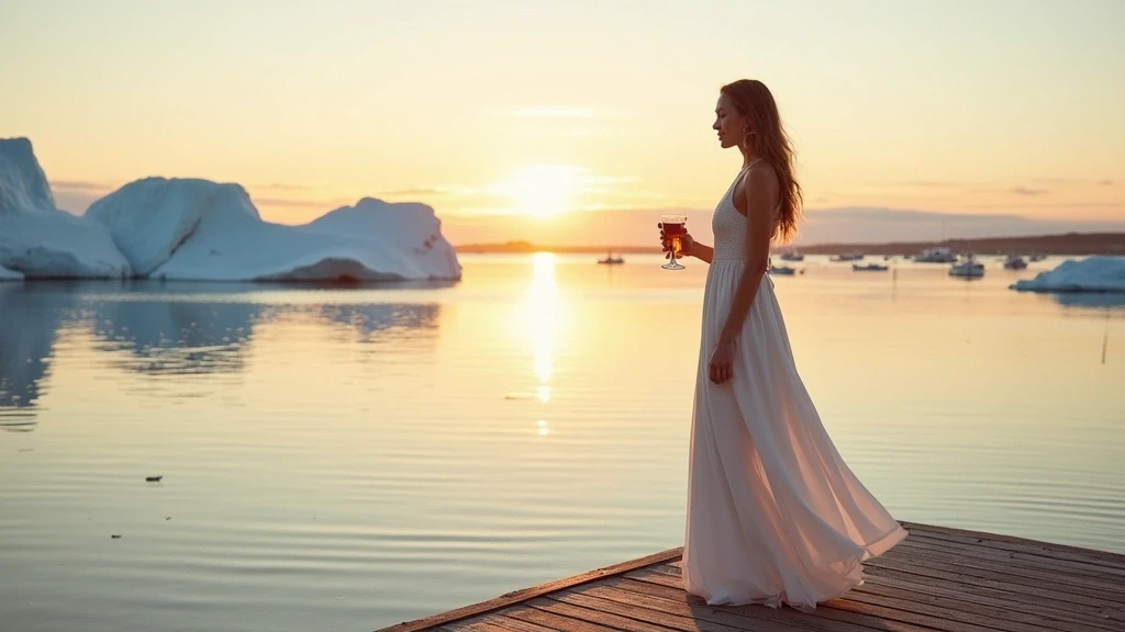 Elegante Frau auf einem Steg in Tasiilaq, Grönland beobachtet Eisbergen zur goldenen Stunde