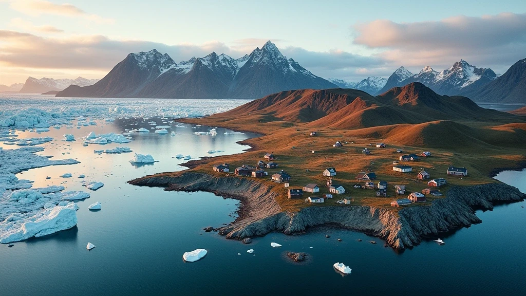 Luftaufnahme von Tasiilaq, Grönland mit Eisbergen, Fjorden und bunten Haeusern zur goldenen Stunde