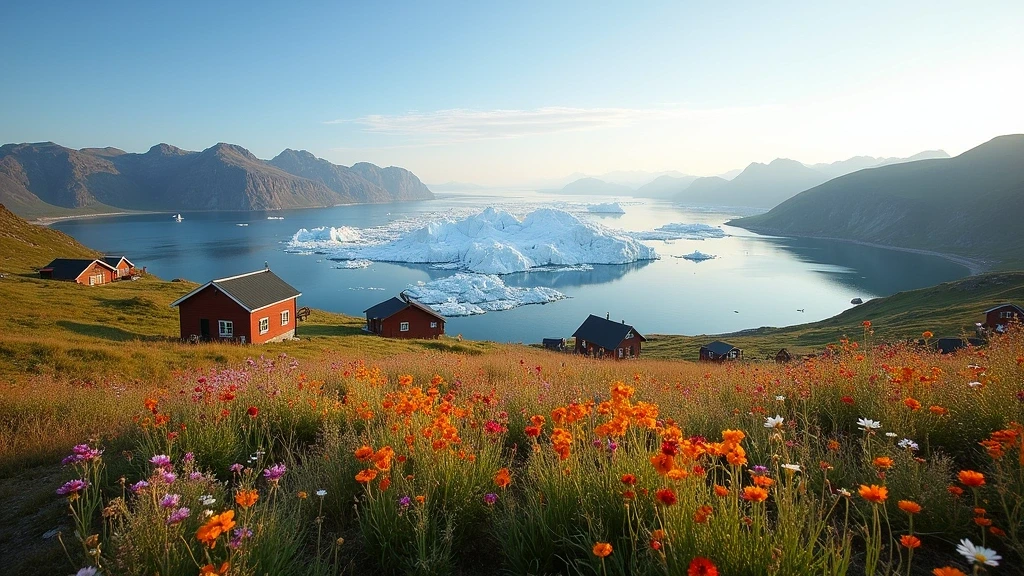 Panoramablick auf Tasiilaq, Grönland vom Flower Valley mit Wildblumen und Eisbergen