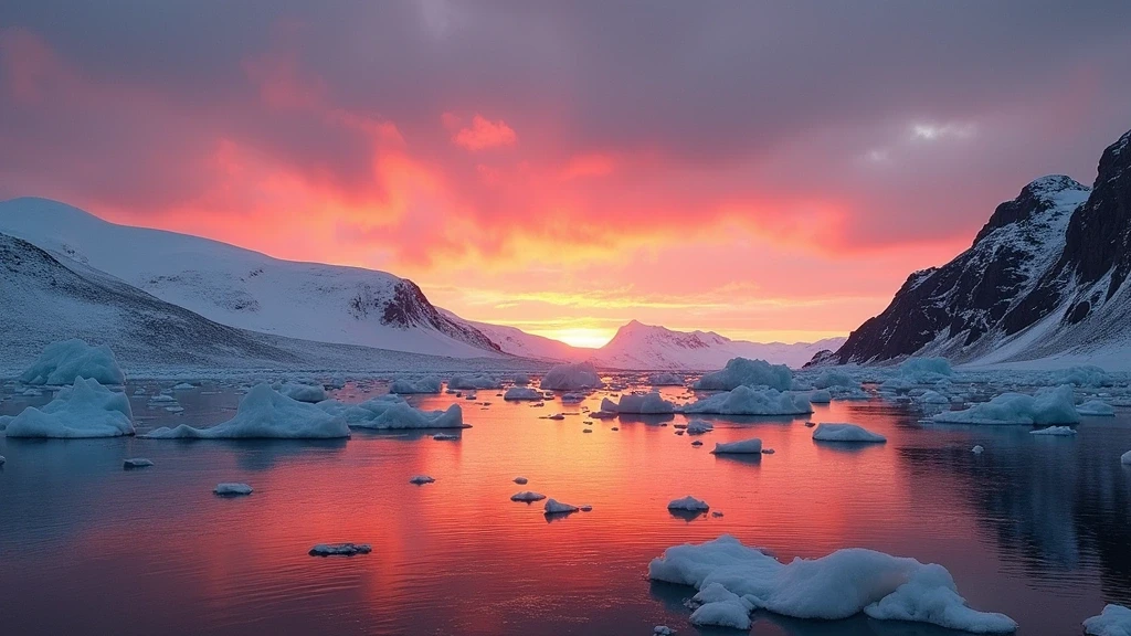 Sonnenuntergang ueber dem Kong Oscar Fjord in Tasiilaq, Grönland mit Eisbergen und Bergen