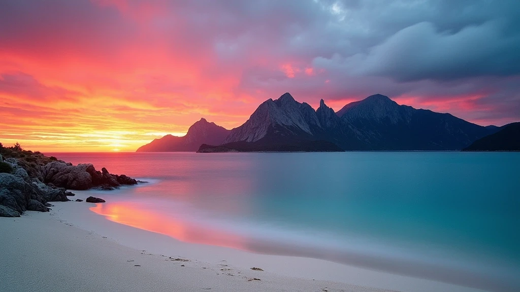 Sonnenuntergang ueber der Wineglass Bay in Tasmanien mit den Hazards-Bergen