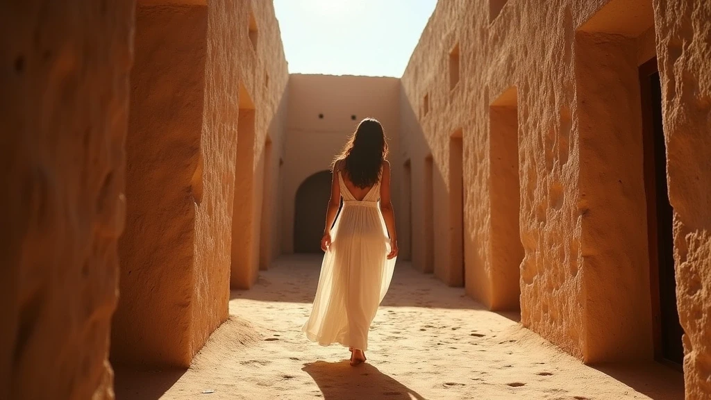 Elegante Frau im weissen Kleid geht barfuss durch den Kasbah-Hof in Tazzarine bei Sonnenuntergang