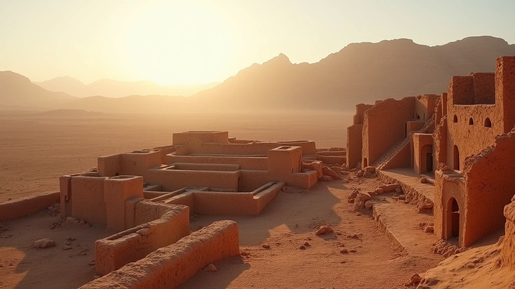 Panoramablick auf antike Kasbah-Ruinen in Tazzarine vor dramatischen Wüstenbergen im Morgenlicht