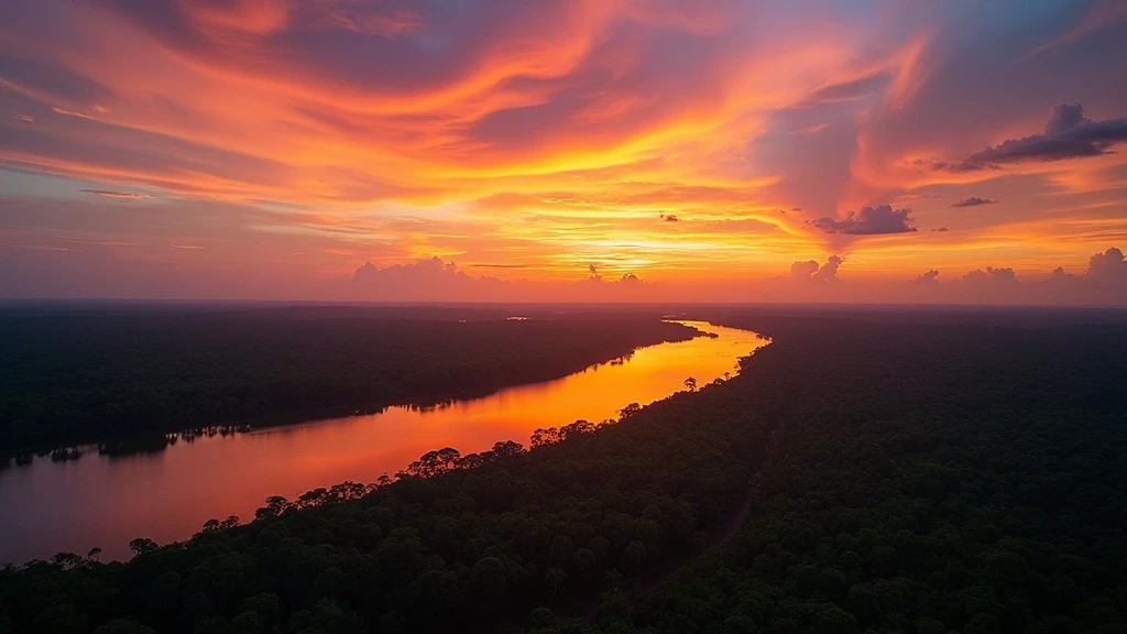 Panorama des Mamirauá Reservats in Tefé, Brasilien bei Sonnenuntergang mit Spiegelungen