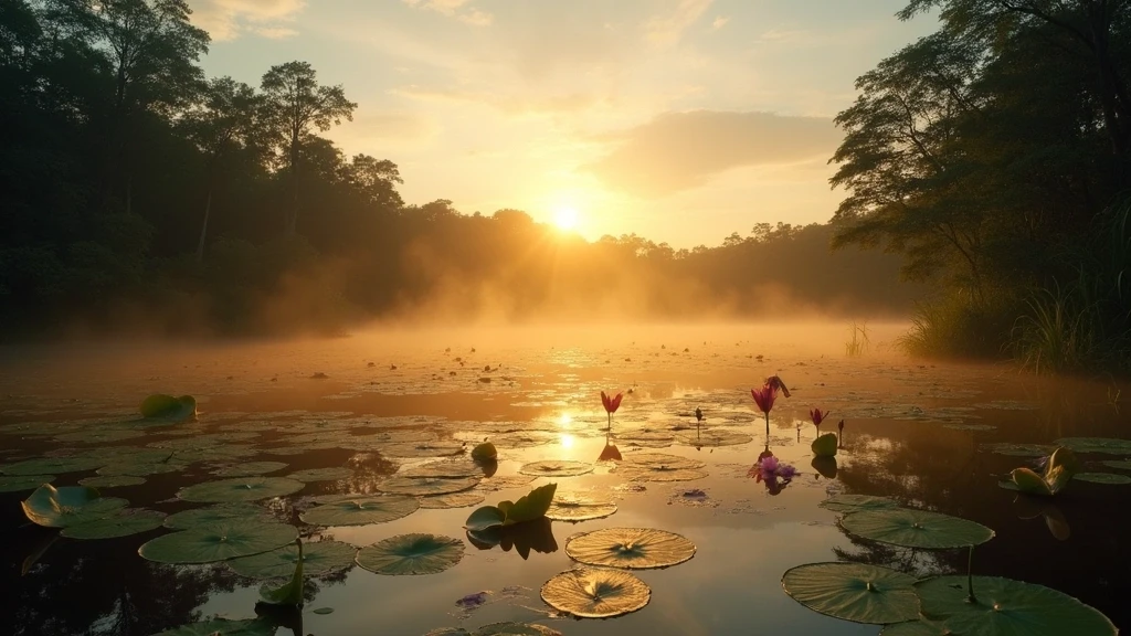 Goldene Stunde am Tefé See in Brasilien mit Riesenseerosen und Morgennebel