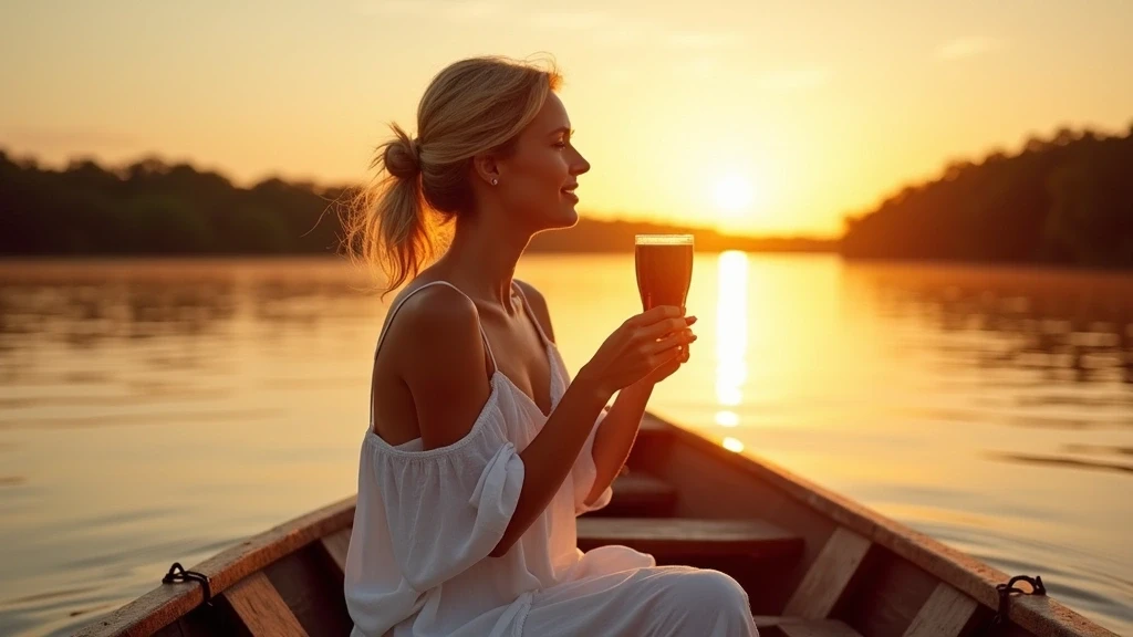 Elegante Frau geniesst Sonnenuntergangs-Kreuzfahrt auf dem Amazonas in Tefé, Brasilien