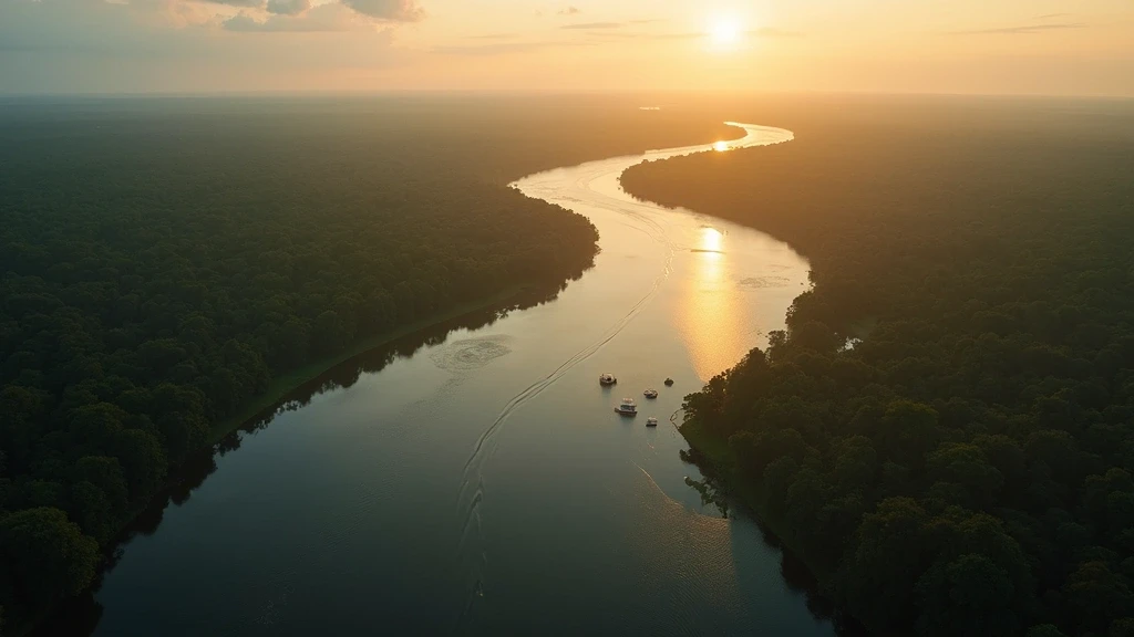 Luftaufnahme des Zusammenflusses von Solimões und Japurá Fluss in Tefé, Brasilien zur goldenen Stunde