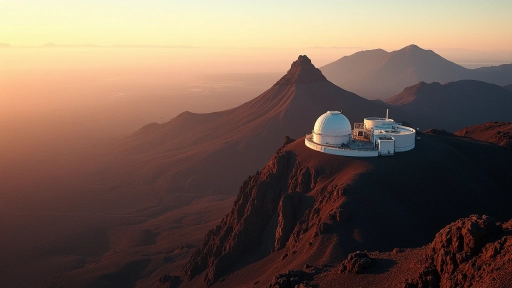 Dramatische Luftaufnahme des Teide Observatoriums in Spanien mit vulkanischer Landschaft zur goldenen Stunde