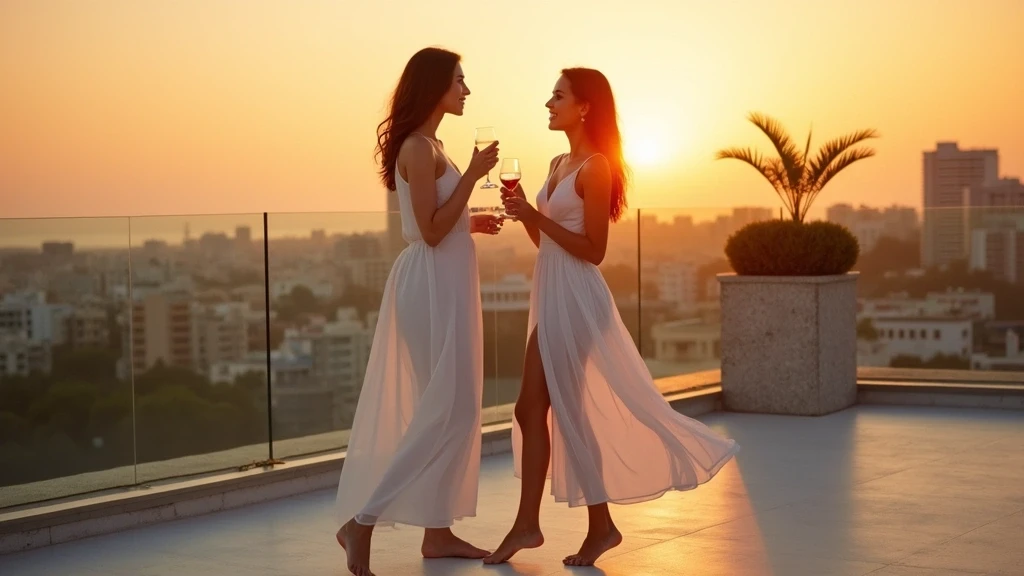 Elegante Frau geniesst Sonnenuntergang auf Tel Avivs Dachterrasse