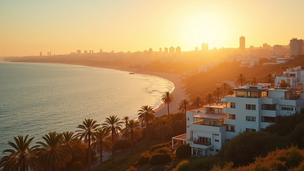 Panoramablick auf Tel Avivs Küste von Jaffa aus zur goldenen Stunde