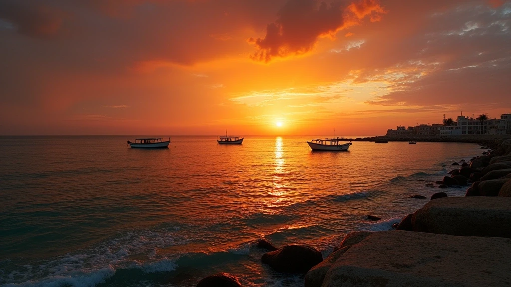 Sonnenuntergang am Mittelmeer in Tel Aviv mit Fischerbooten