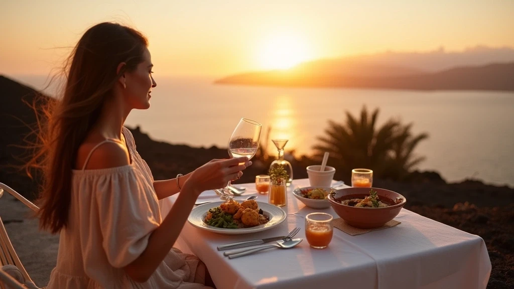 Elegante Frau geniesst kanarische Küche auf einer Klippenterrasse in Teneriffa Nordküste-Observatorium