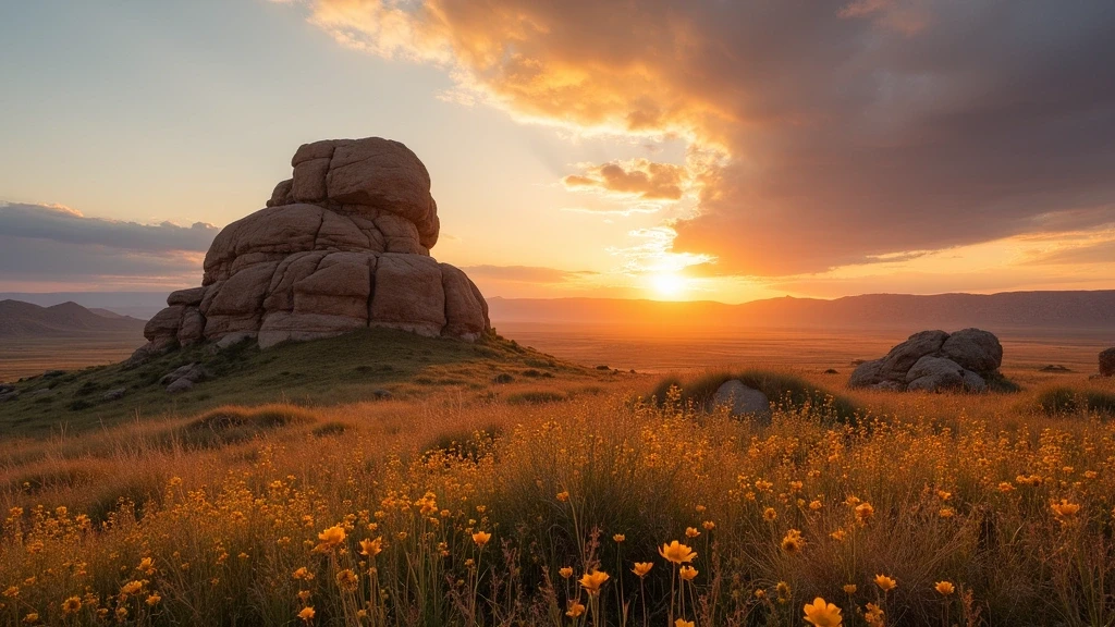 Panoramaansicht der Schildkroetenfelsen im Terelj-Nationalpark bei Sonnenuntergang