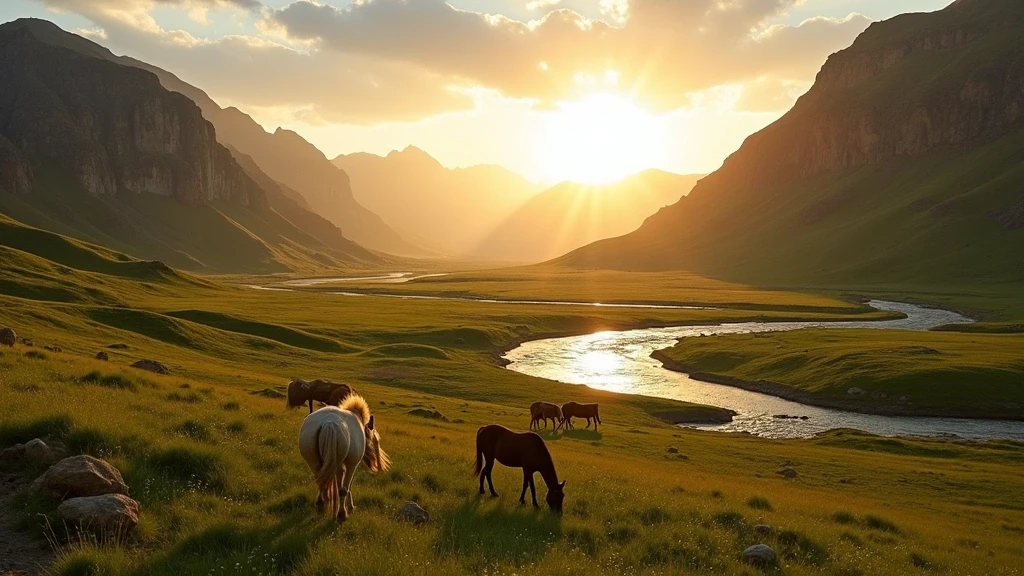 Goldene Stunde am Tuul Fluss im Terelj-Nationalpark mit grasenden Pferden