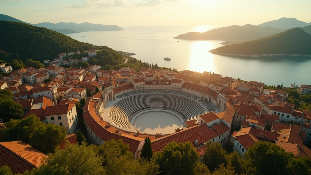Luftaufnahme des roemischen Amphitheaters in Pula zur goldenen Stunde mit Adriakueste