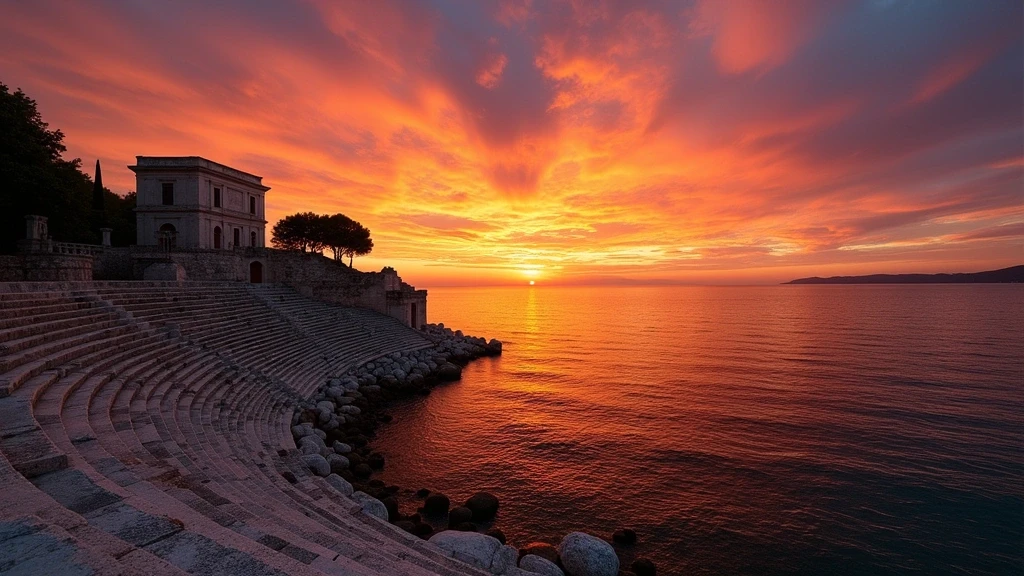 Sonnenuntergang ueber der Adria mit Silhouette des Amphitheaters in Pula