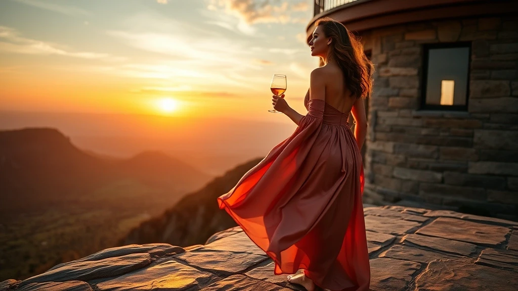 Elegante Frau geniesst Sonnenuntergang von der Klippen-Observatorium in Test Filtering