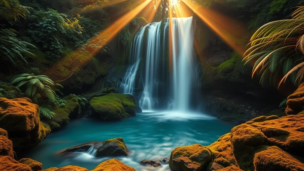 Goldene Stunde am Kristallwasserfall in Test Filtering, Testland mit Regenbogeneffekt