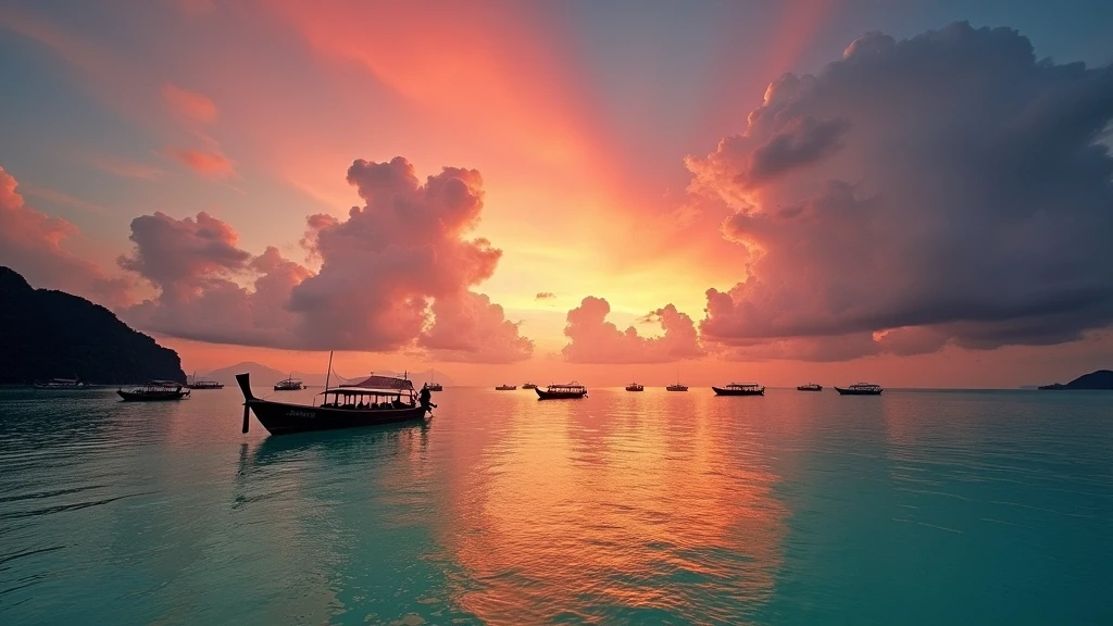 Sonnenuntergang ueber der Andamanensee in Thailand mit dramatischem Himmel