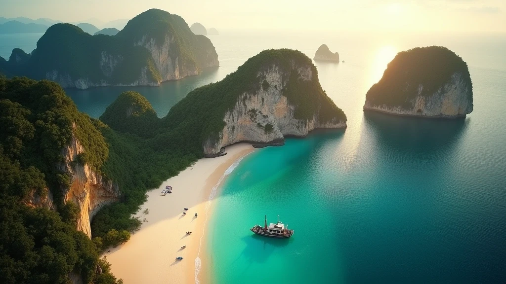 Luftaufnahme der ikonischen Kalksteinfelsen in Thailand zur goldenen Stunde