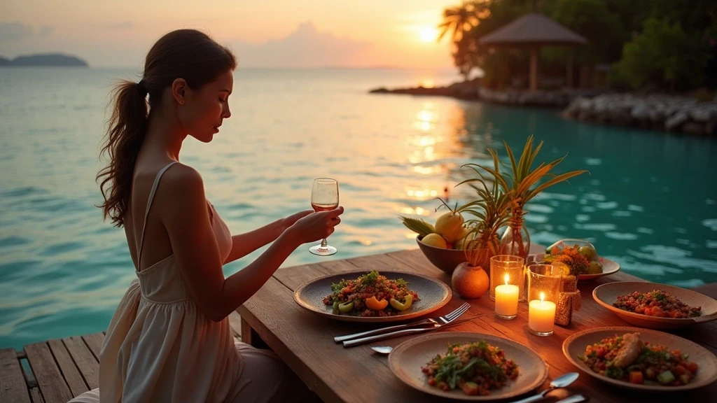 Elegante Frau bei privatem Abendessen auf Holzdeck in Thailand zur goldenen Stunde