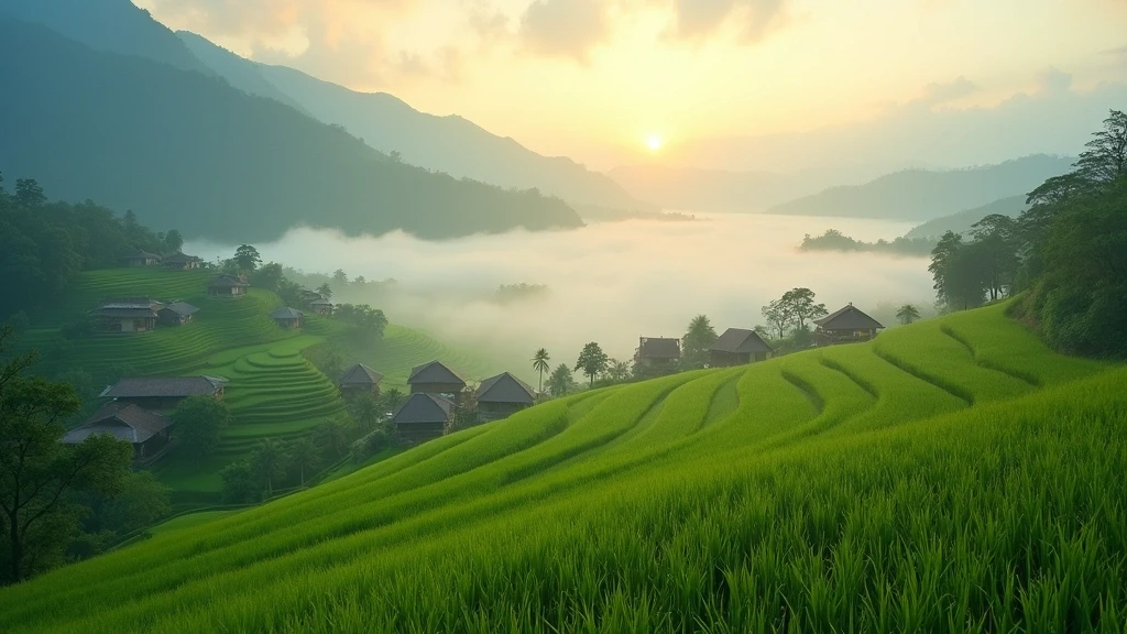 Panoramablick auf gruene Reisterrassen in Nordthailand mit Morgennebel