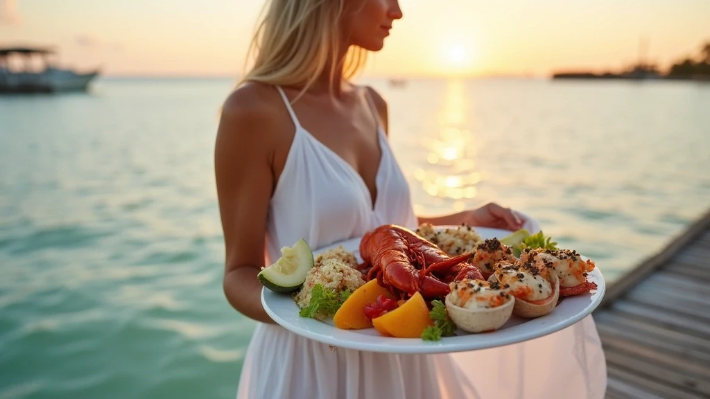 Elegante Frau geniesst Meeresfruechte-Platte auf privatem Steg bei Sonnenuntergang in den Abacos, Bahamas