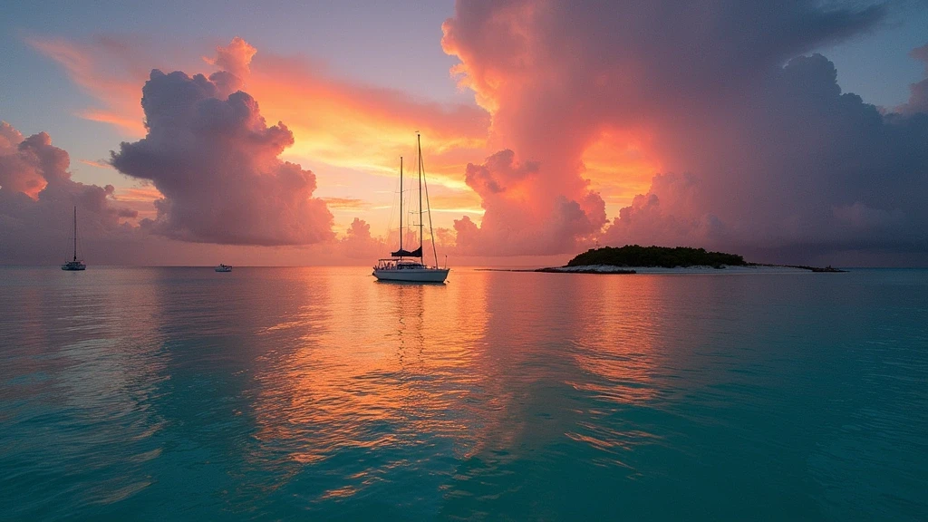 Dramatischer Sonnenuntergang ueber dem Sea of Abaco mit Segelboot-Silhouetten auf den Bahamas