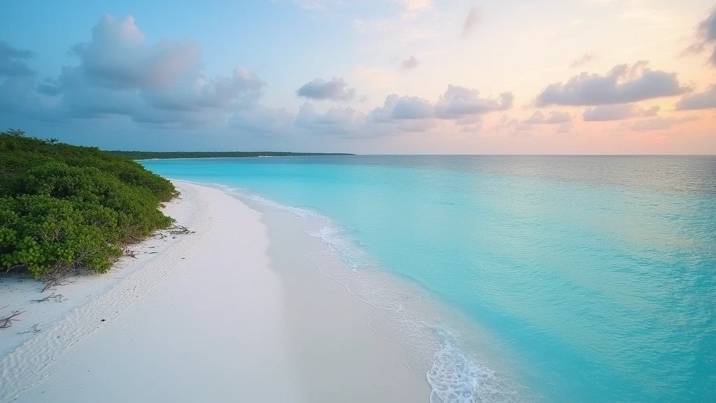 Panoramablick auf Treasure Cay Beach mit weissem Sand und tuerkisfarbenem Wasser zur goldenen Stunde auf den Bahamas