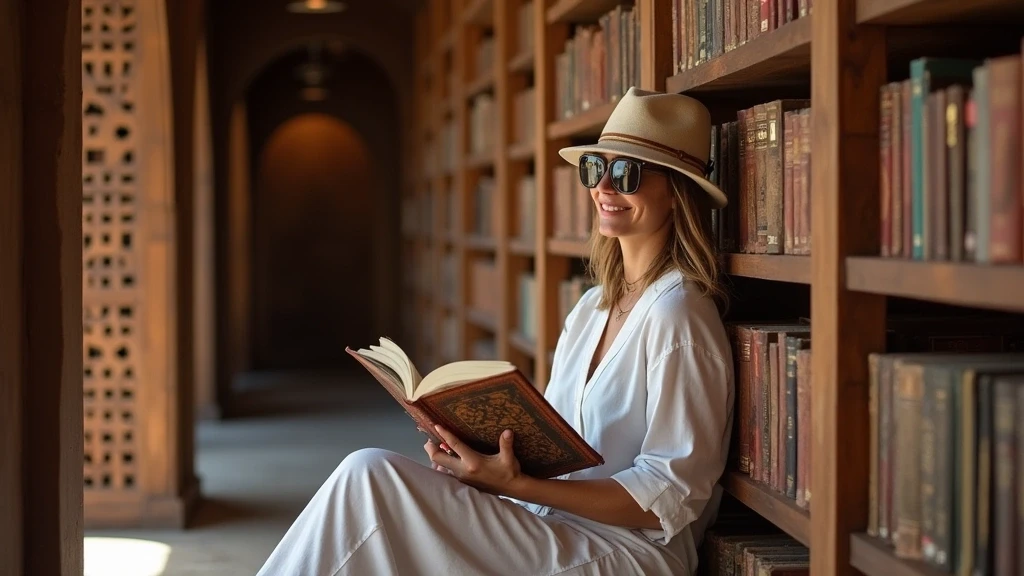 Reisende liest Buch in der Bibliothek des Chedi Muscat Resorts in Oman
