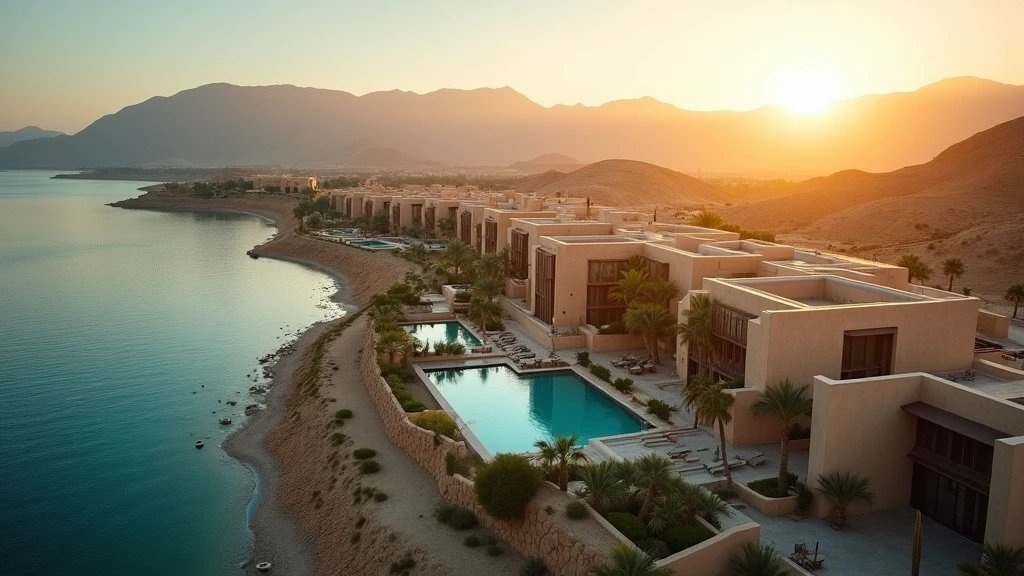 Luftaufnahme des Chedi Muscat Resorts mit Hajar-Bergen und Arabischem Meer zur goldenen Stunde