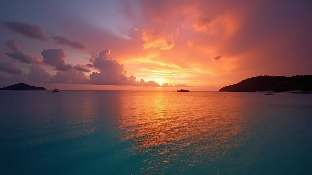 Sonnenuntergang ueber den Tobago Cays in den Grenadinen mit tuerkisem Wasser
