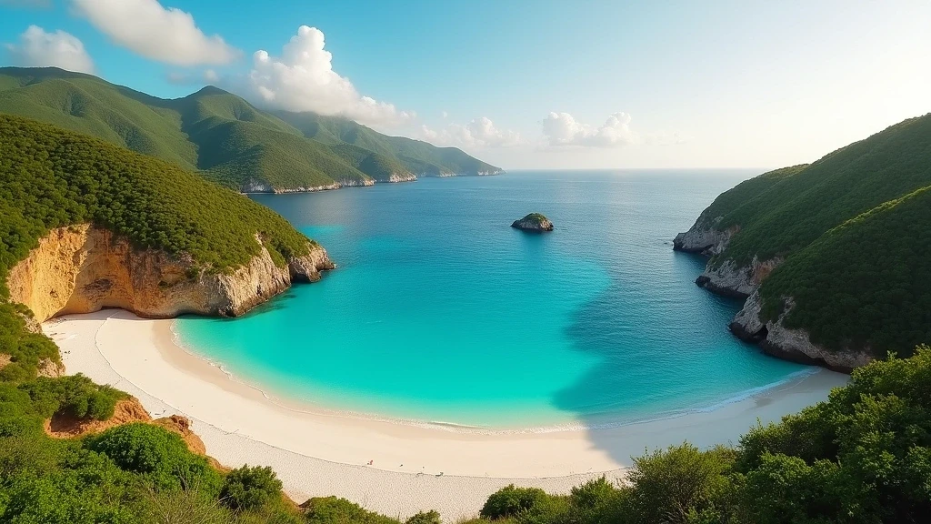 Panoramaansicht des Macaroni Beach auf Mustique in den Grenadinen