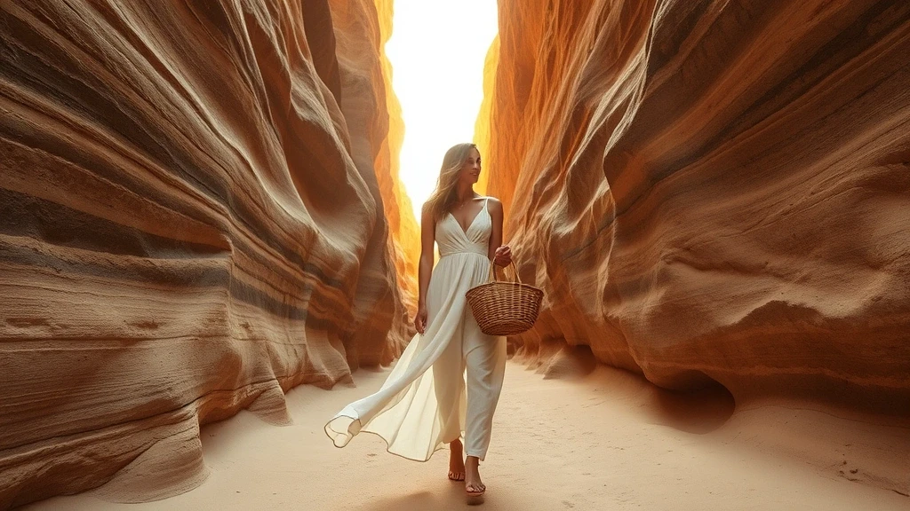 Elegante Frau in fliessendem Leinenkleid wandert barfuss durch Sandsteinschlucht in The Maze, USA zur goldenen Stunde