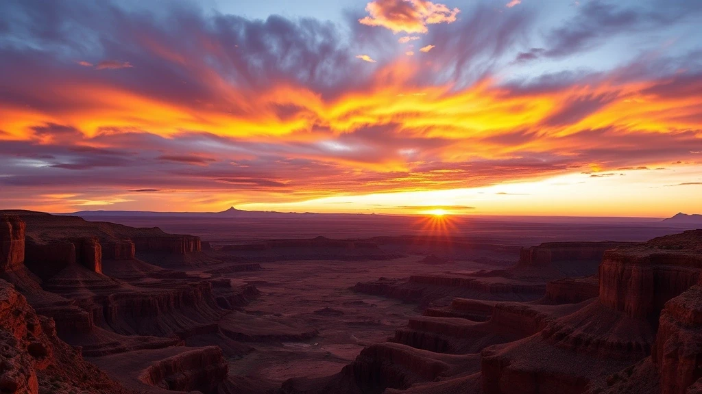 Panoramablick auf tiefrote Sandsteinschluchten in The Maze, USA bei Sonnenuntergang mit dramatischen Wolkenformationen