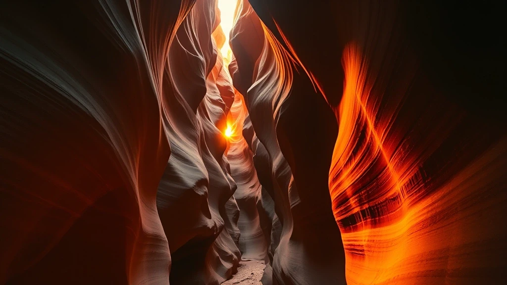 Goldene Stunde in engen Slot Canyons von The Maze, USA mit warmen Lichtreflexionen auf Sandsteinwaenden