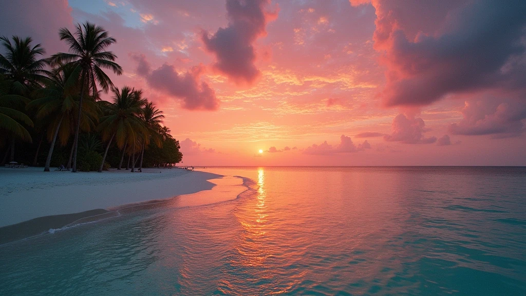 Sonnenuntergang am Strand von Thoddoo, Malediven mit tuerkisem Wasser und orangem Himmel