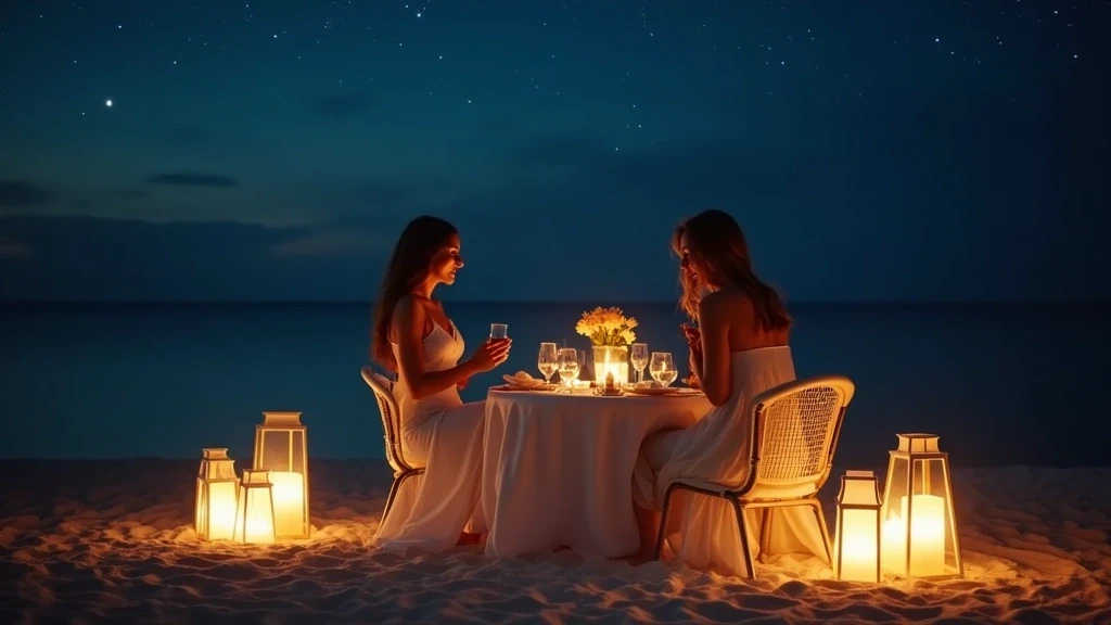 Elegante Frau beim Stranddinner unter Sternen auf Thoddoo, Malediven