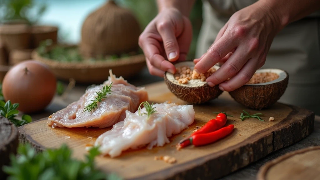 Traditionelle maledivische Kueche mit frischen Zutaten auf Thoddoo