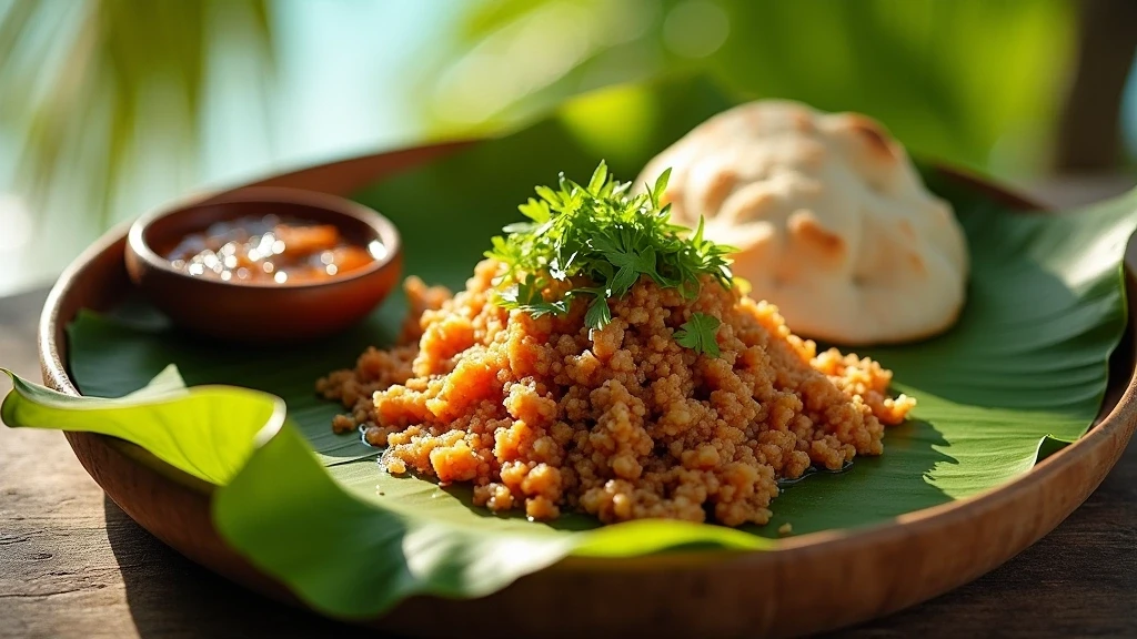 Traditionelles maledivisches Fruehstueck auf Thulusdhoo mit frischem Thunfisch