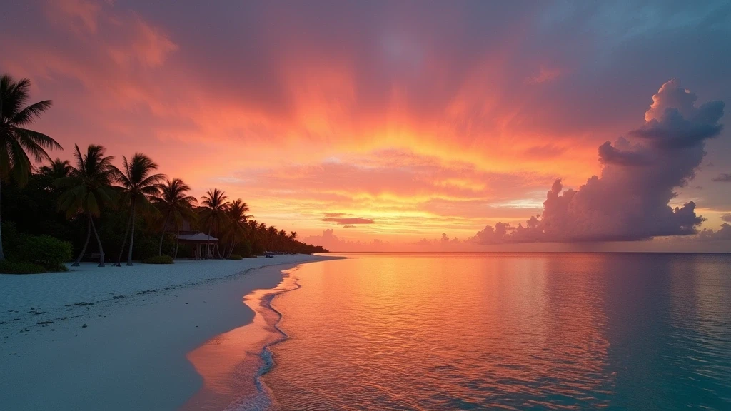 Dramatischer Sonnenuntergang ueber Thulusdhoo, Malediven mit Spiegelungen im Wasser