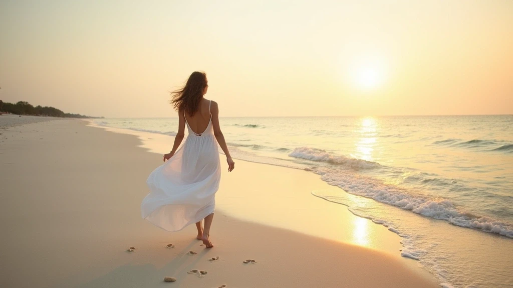 Elegante Frau im weissen Kleid am Strand von Thulusdhoo, Malediven zur goldenen Stunde