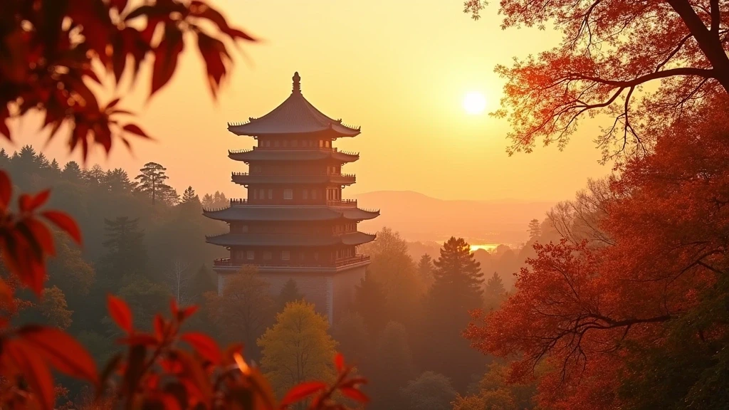 Goldene Stunde am alten Dule-Tempel-Pagoda in Tianjin, China, mit Herbstlaub