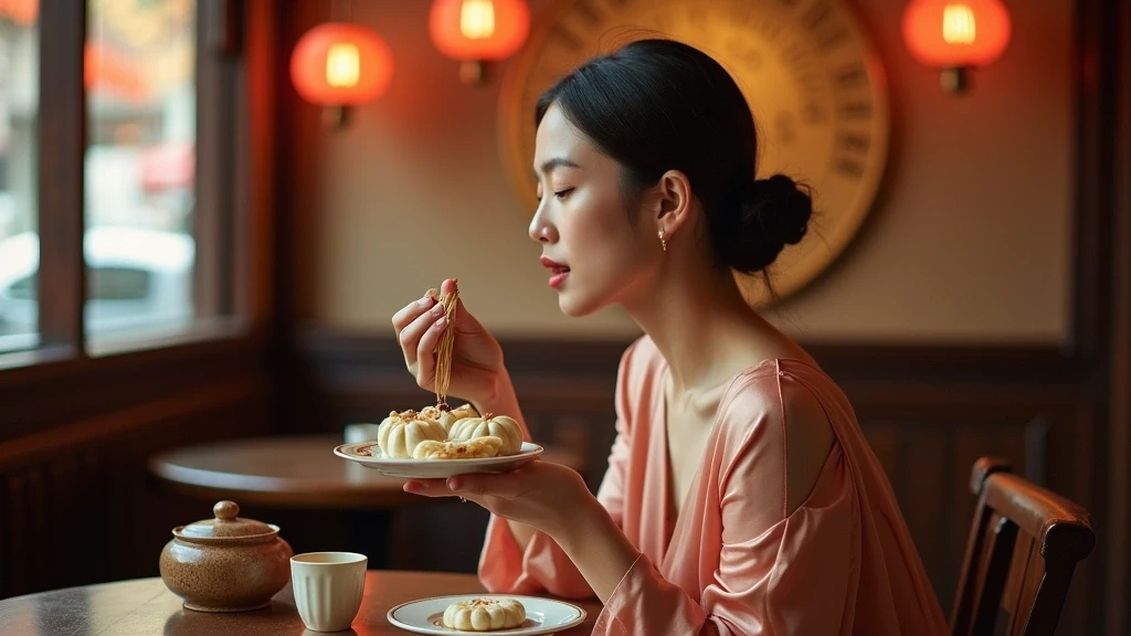 Elegante Frau geniesst Goubuli-Dampfbroetchen in einer Teestube in Tianjin, China