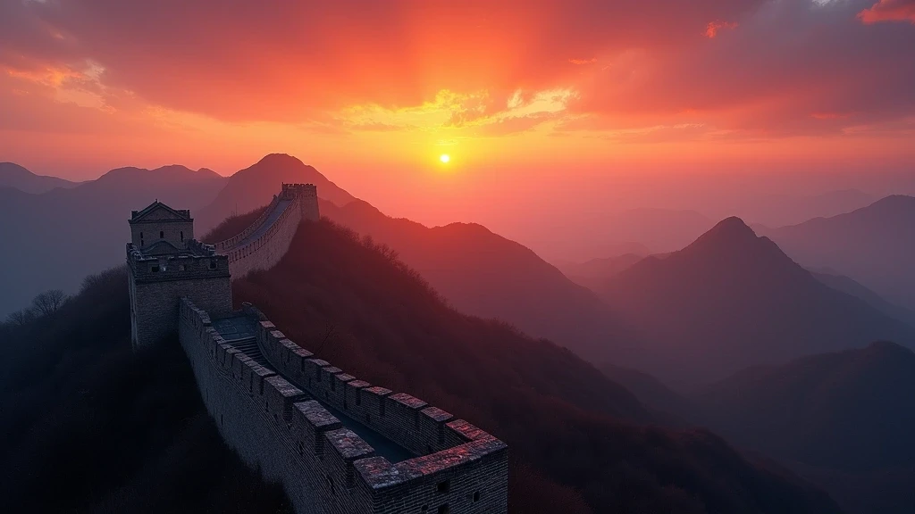 Sonnenuntergang ueber der Huangyaguan-Grossen Mauer in Tianjin, China, dramatische Berglandschaft
