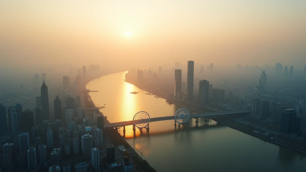 Dramatische Luftaufnahme von Tianjin, China, mit Hai-Fluss, Bohai-Meer und Tianjin Eye zur goldenen Stunde