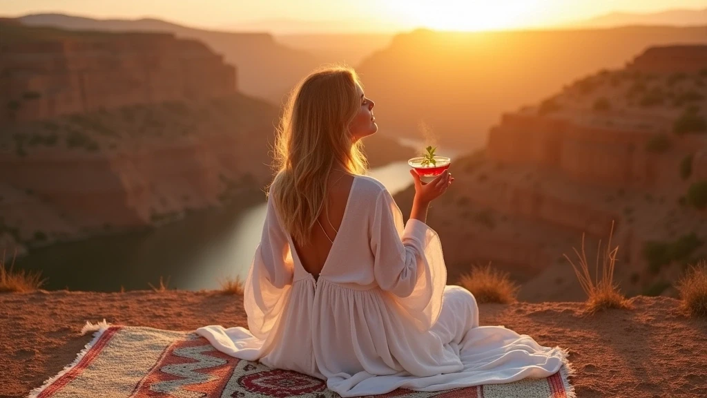 Elegante Frau geniesst Minztee mit Blick auf die Todra-Schlucht bei Sonnenuntergang