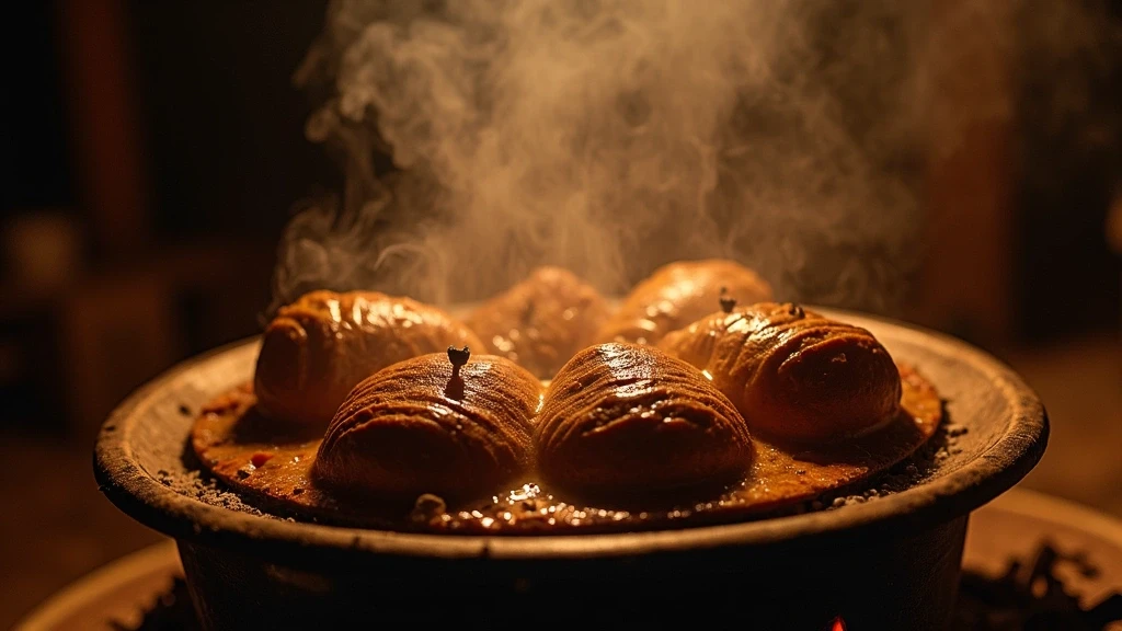 Traditioneller marokkanischer Tajine wird in einem Berberhaus ueber offenem Feuer zubereitet